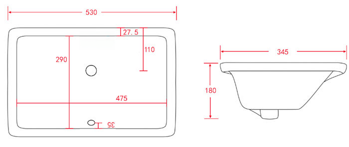 Fresco White Rectangular Under Counter Basin - 530x345mm