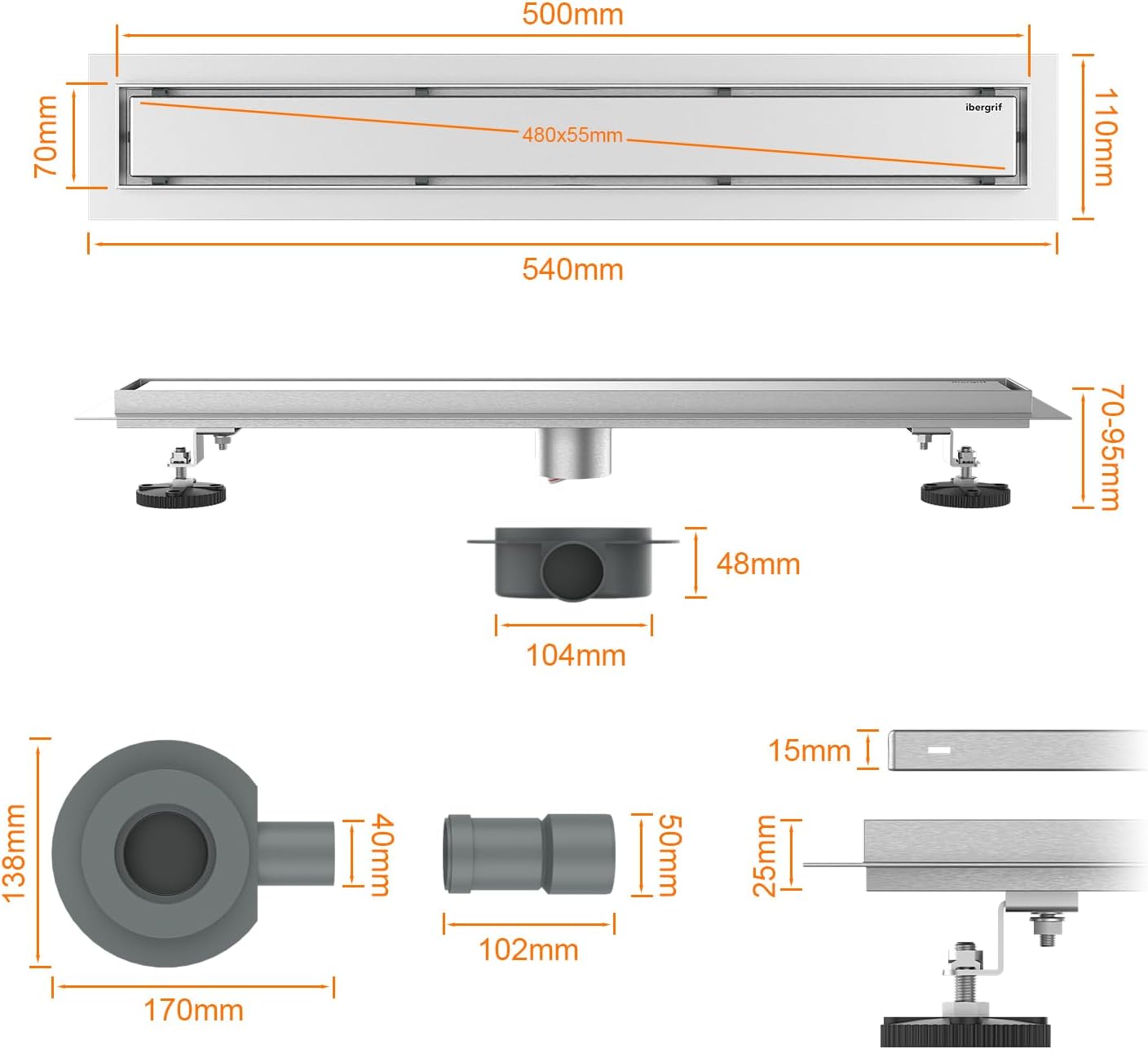 Ibergrif Stainless Steel Linear Shower Drain M42001-50