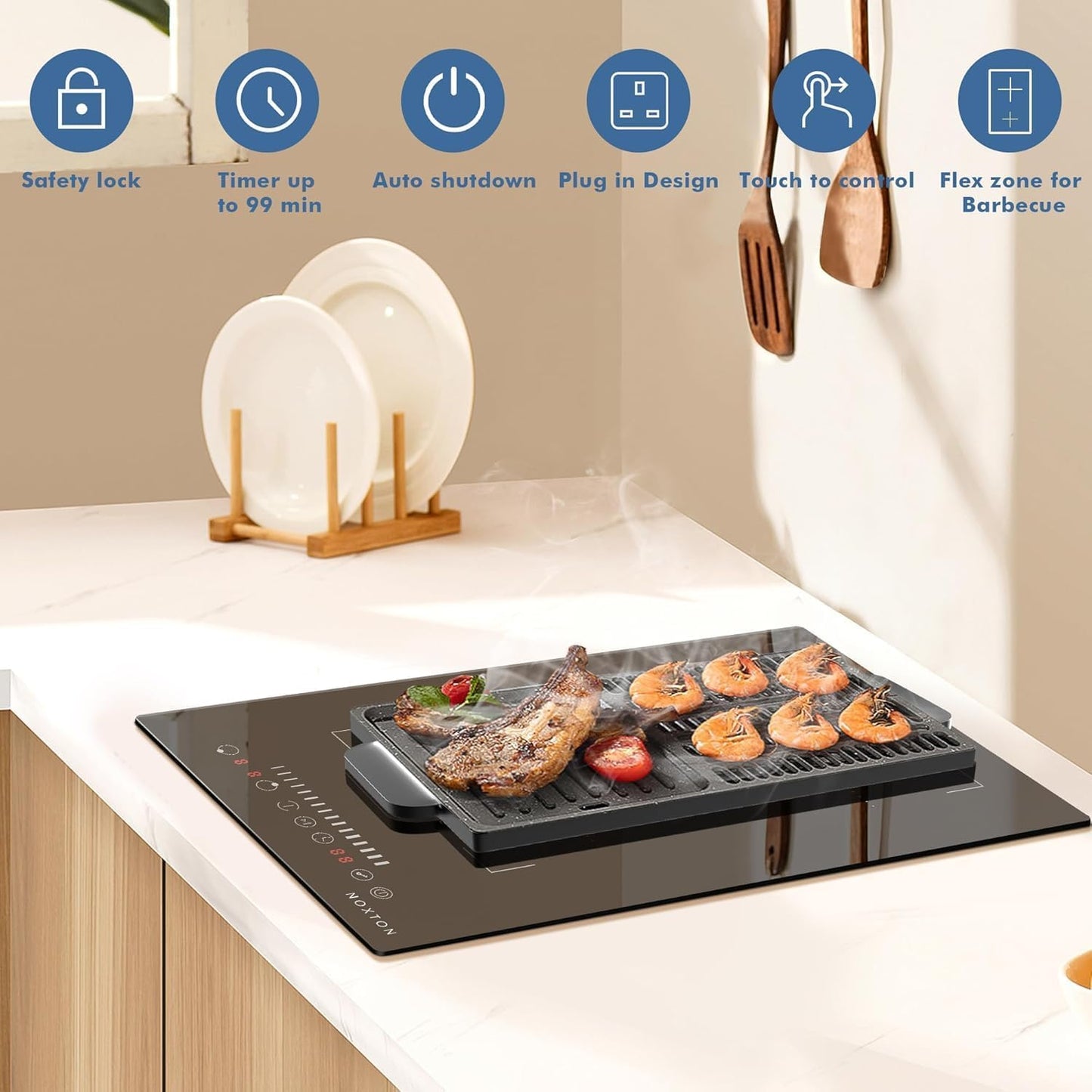 Noxton 2 Zone Induction Hob with slider, 30cm Electric Hob Flex Zone for Barbecue Pan, 2800W