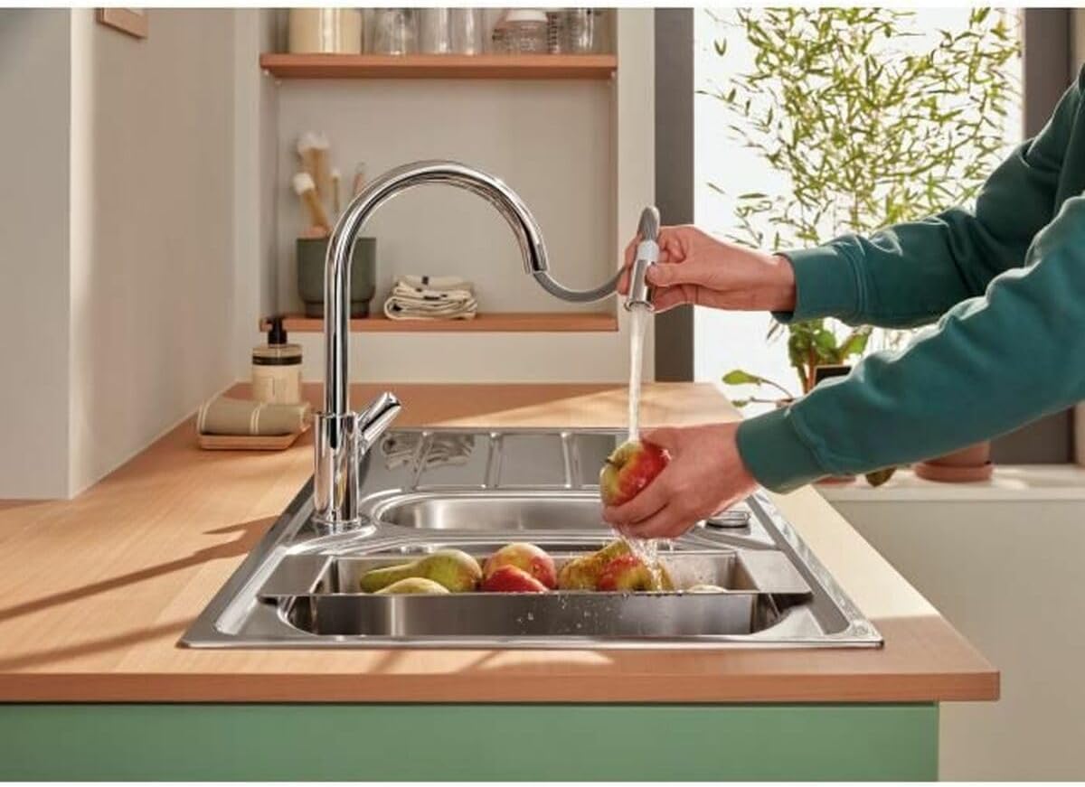 GROHE Start Edge QuickFix – 1 Lever Kitchen Sink Mixer Tap with Pull-Out Function