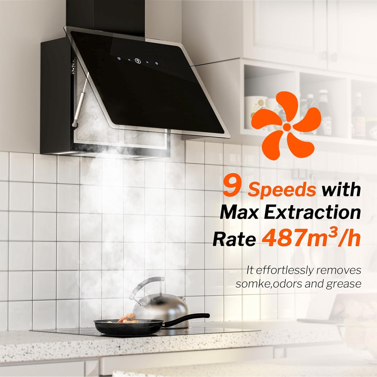 FIREGAS Range Cooker Hood 60cm, Tempered Glass & Stainless Steel Extractor Hood