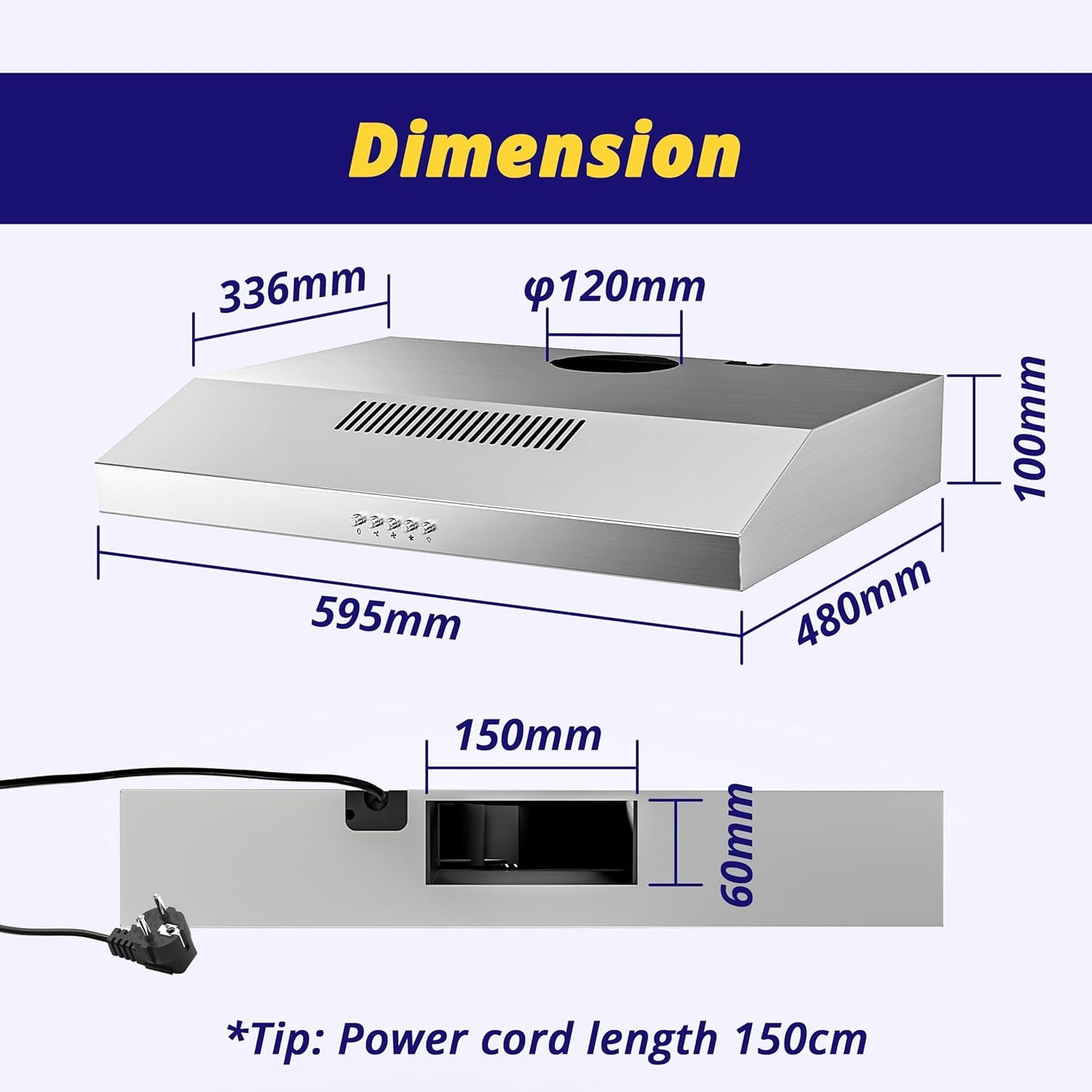 FIREGAS 60cm Cooker Hood Extractor Fan, Stainless Steel Extractor Hood with Brushless Motor, Dual Top/Back Venting & Recirculation Mode