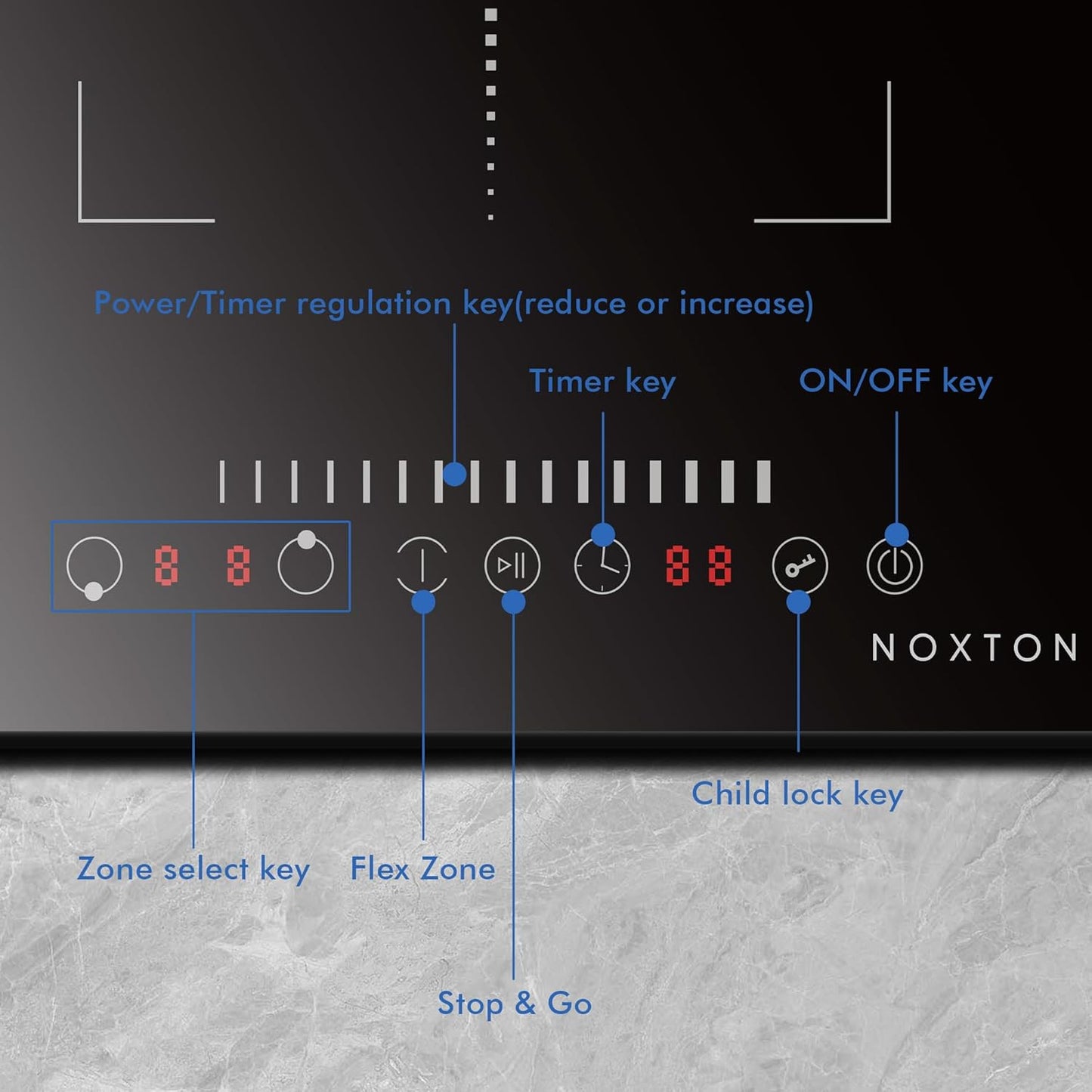 Noxton 2 Zone Induction Hob with slider, 30cm Electric Hob Flex Zone for Barbecue Pan, 2800W
