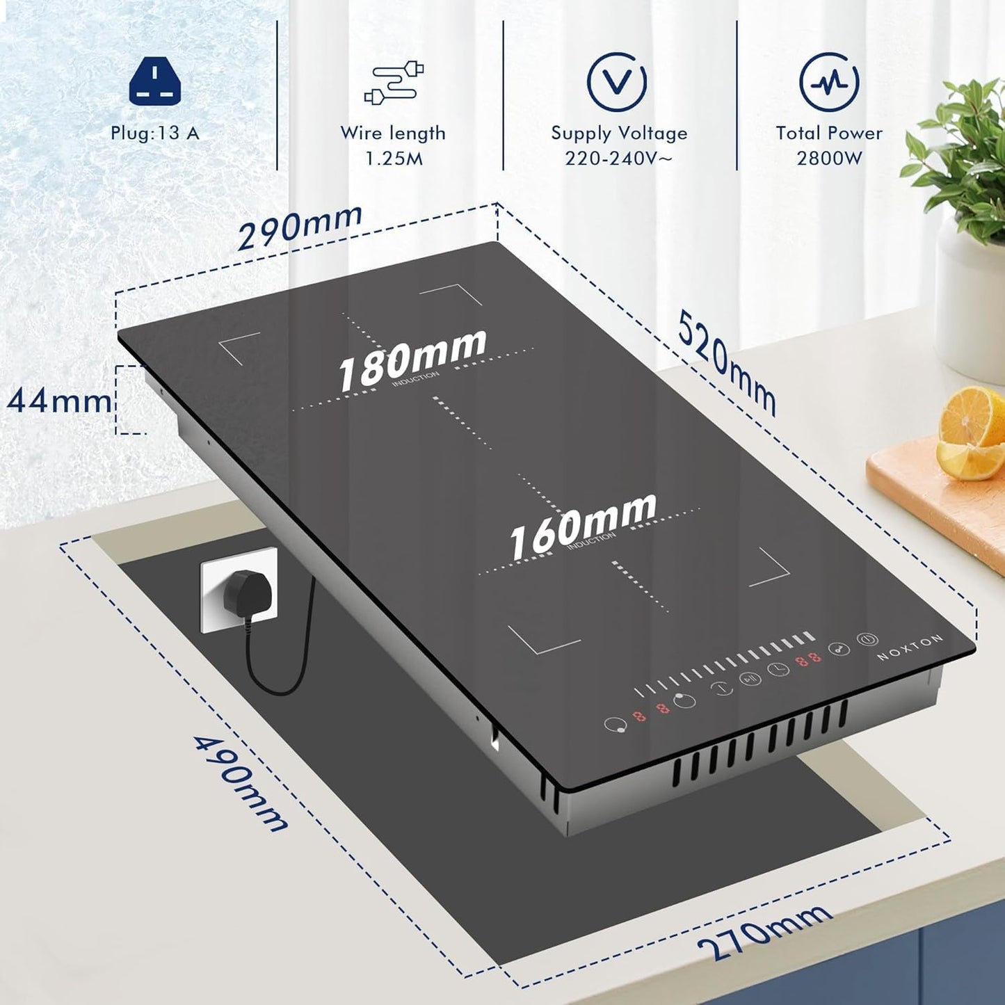 Noxton 2 Zone Induction Hob with slider, 30cm Electric Hob Flex Zone for Barbecue Pan, 2800W