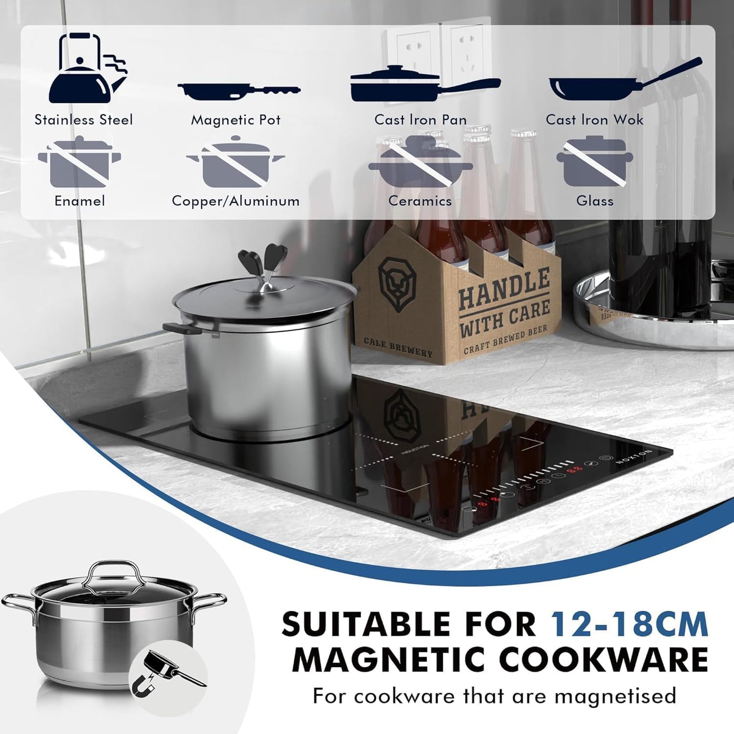 Noxton 2 Zone Induction Hob with slider, 30cm Electric Hob Flex Zone for Barbecue Pan, 2800W